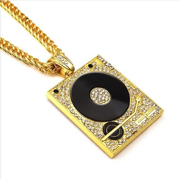 18K Gold Plated Iced Out Phonograph Pendant Necklace with Chain - Picture 1 of 6